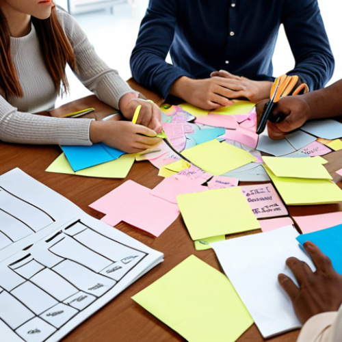 ** A diverse team brainstorming solutions around a table, using sticky notes and mind maps. Focus on collaboration and creative problem-solving in a modern office setting.

**
