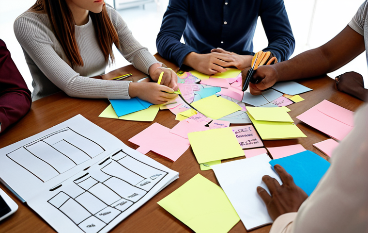 ** A diverse team brainstorming solutions around a table, using sticky notes and mind maps. Focus on collaboration and creative problem-solving in a modern office setting.
**